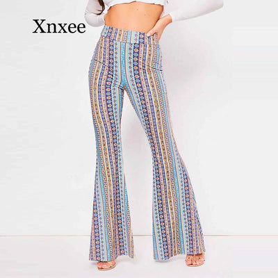 Women Striped Printed New Boho Flare Pants High Elastic Waist Vintage Soft Stretch Ethnic Style Bell Bottom Hippie Pants