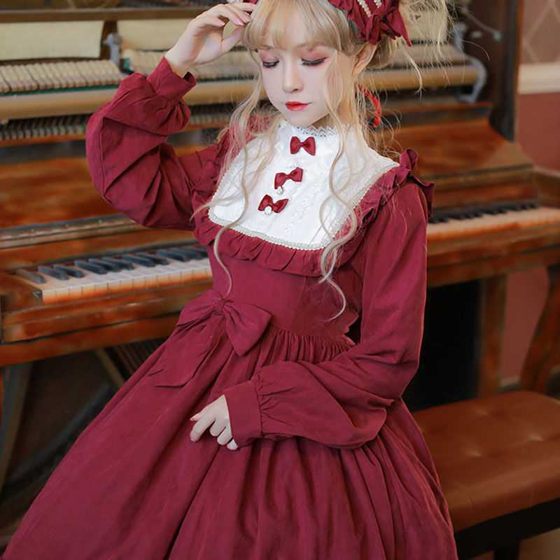 Japanese Lolita Style Women Princess Party Dress Ruffled Collar Bow Wine Red Adorable Dress Winte Red Ruffles Cute Dress RV62
