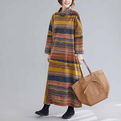 Vintage Women&#39;S Clothing 2021 Spring New China National Long Sleeve Irregular Striped Oriental Dress Loose Maxi Robe Femme 11480