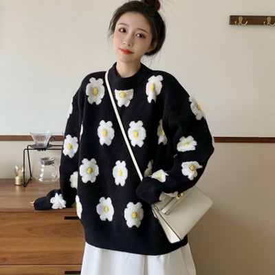Women Sweater 2021 New Autumn Korean Fashion Casual All-match Retro O Neck Flower Pattern Design Loose Pullover Knitted Sweater