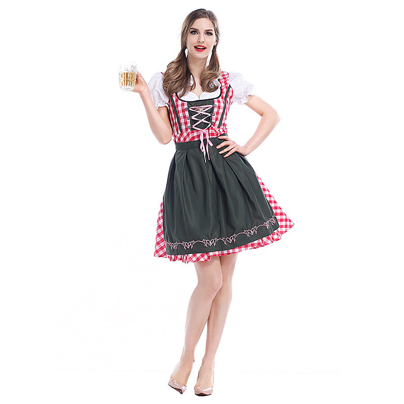 Halloween Women Maid Cosplay Costume Wench Bavarian Beer Girl Oktoberfest Costume Gothic Lolita Grid Dress With Apron