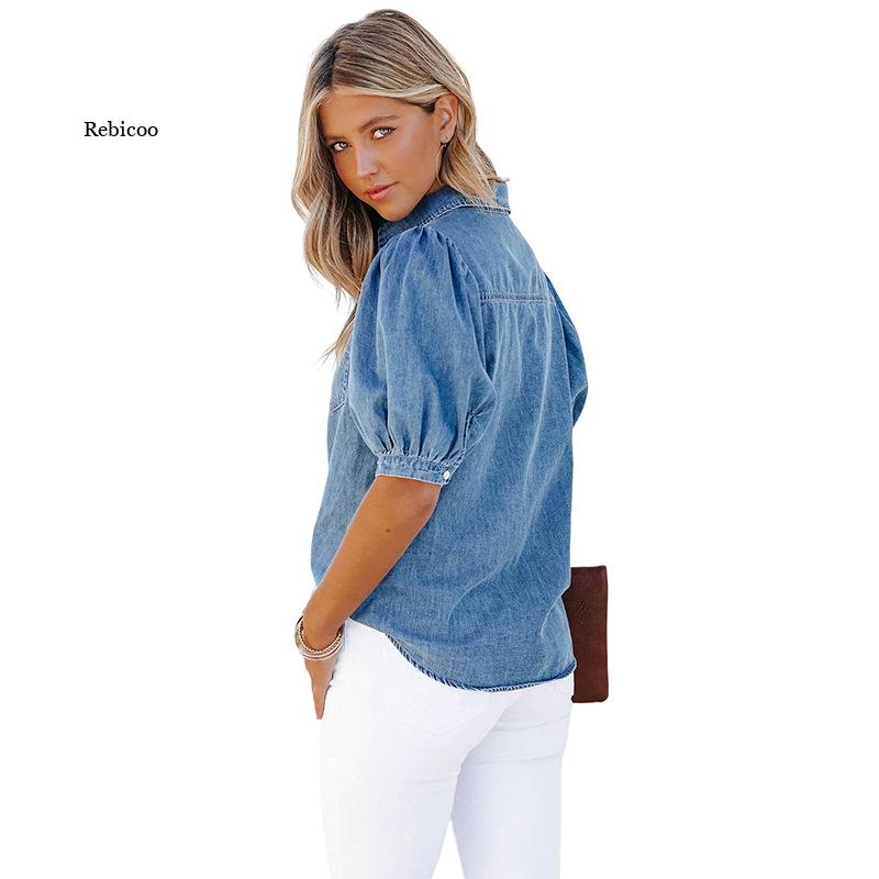 Summer Women&#39;s Denim Shirt Fashion Design Puff Sleeve Elegant Pockets Turn-down Collar Solid Color Denim Top 2022 Trend