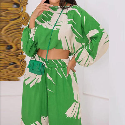 Spring Street Pocket Loose Set Casual O Neck Print Cropped Top Wide Leg Pants Suit Women Print Elastic Waist Pants Two-piece Set