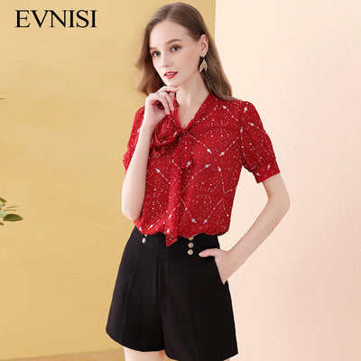 EVNISI Vintage Red Polka Dot Top Elegant Chiffon Blouse Women Summer 2022 New Scarf Collar Puff Sleeve Casual Shirts