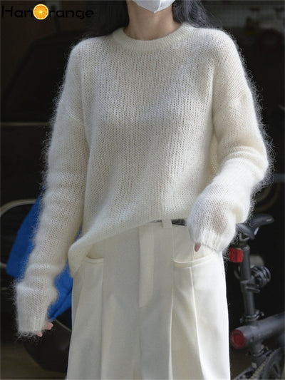 HanOrange 2022 Autumn Mohair Knitted Sweater Women Soft Mist Fluffy Warm Lazy Top Knit Pullover Female White, Sea Blue