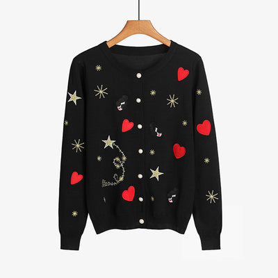 Spring Autumn O Neck Embroidery Knitted Cardigan Women Soft Full Sleeve Knitwear Women's Sweater Coat