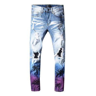 ZWTY New Men's coconut palm printed colored ripped jeans Slim fit holes distressed stretch denim pants Trousers