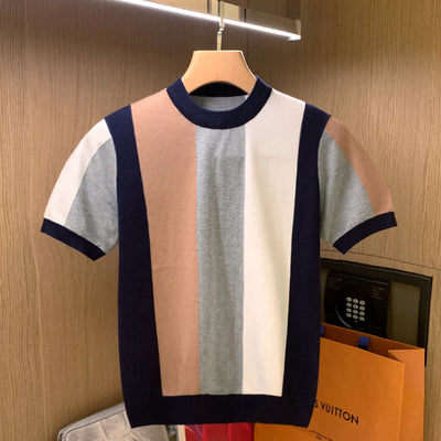 2022 Men Summer Fashion Slim Fit Knitted T Shirts Men Short Sleeve Pullover Tops Male O-Neck Contrast Color Striped Tees O983