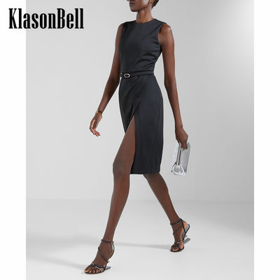 4.18 KlasonBell Sleeveless Round Neck Solid Color Slim Sexy Split Dress Women With Belt