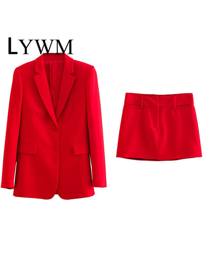 LYWM Women Fashion 2 Piece Set Solid Single Breasted Blazer &amp; Vintage Front Zipper Mini Skirt Female Chic Lady Skirt Set