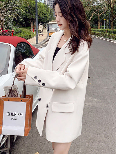 Lnsozkdg Women Solid Color Blazer Coats Belt Decoration Notched Long Sleeve Loose 2022 Autumn Female New Clothing Blazer Women