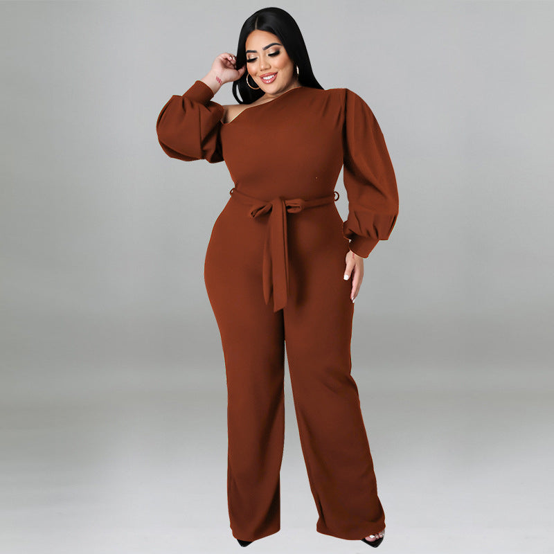 Elegant Lantern Sleeve Long Sleeve Plus Size Jumpsuit Black Sloping Off Shoulder Lace Up Fashion Office Ladies Casual Outfits