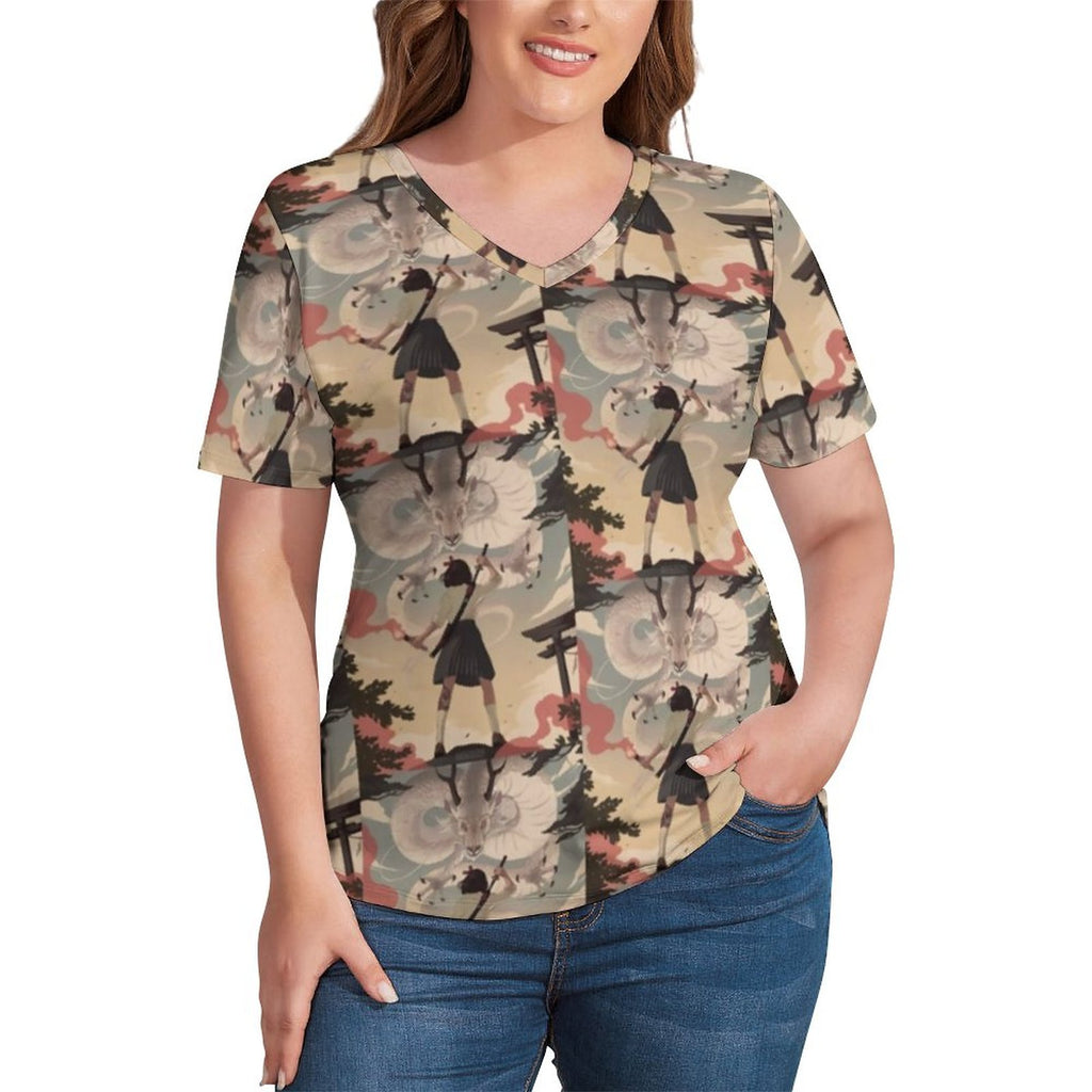 Spirited Away T-Shirts Soot Assault Print V Neck Classic T Shirt Short Sleeves Women Aesthetic Tshirt Tops Plus Size 3XL 4XL