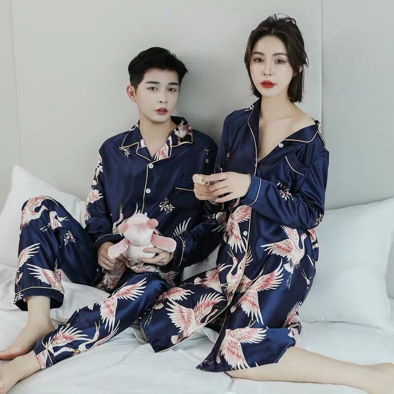 New Luxury  Pajamas Men Birds Pattern Sleepwear Silk Long-sleeved Satin Male Winter Men Lounge Pajamas Set Plus Size 4XL