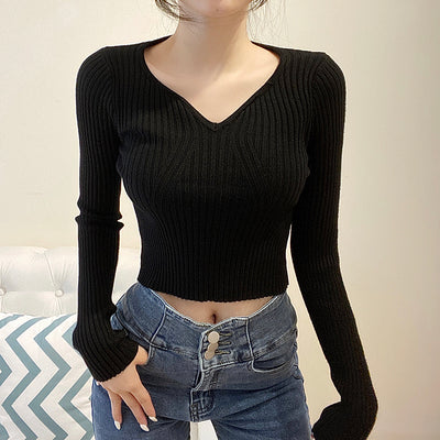 Korean Fashion Sexy V-Neck Short Sweater 2021 Autumn Women Long Sleeve Elegant Slim Pullovers Knitted Sweaters White Pull Femme
