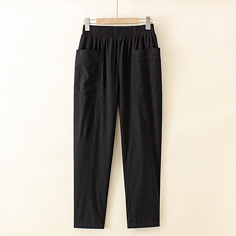 Plus Size XL-4XL Women&#39;s Full Cotton Casual Pants Elastic Waist Solid Color Harem Long Trousers with Pockets