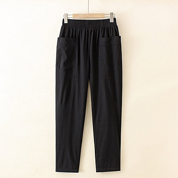 Plus Size XL-4XL Women's Full Cotton Casual Pants Elastic Waist Solid Color Harem Long Trousers with Pockets