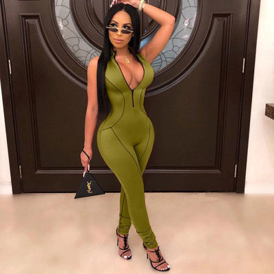 AHVIT Solid Color Skinny Fashion Women Jumpsuits Sleeveless Deep Round Collar Zipper Casual Nightclub Romper SAJ4075