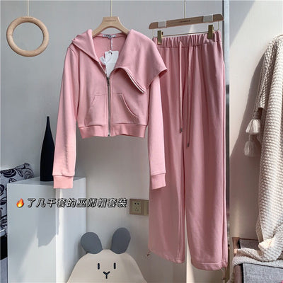 Autumn Wild Fashion Matching Sets Casual Pink Long Sleeve Hooded Hoodies Zip Up Coat Sweatshirts Street Wide Leg Pant Sweatpants