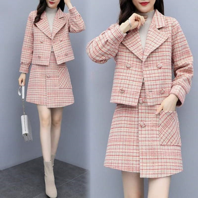 Suits Women Autumn Winter Elegant Vintage Plaid Blazer Coat Tops and Pink Mini Skirt 2 Two Piece Set Ladies Clothes