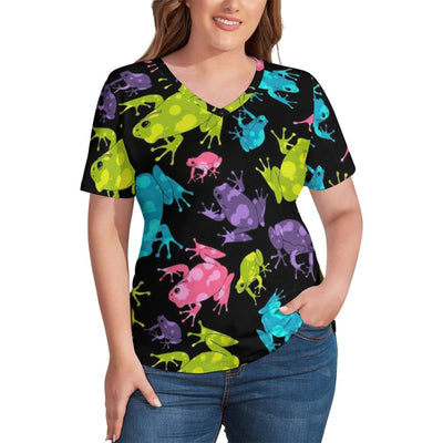 Green Funny Frog T-Shirts Cute Animal Print V Neck Casual T-Shirt Short Sleeve Trendy Tshirt Beach Pattern Clothes Plus Size 4XL