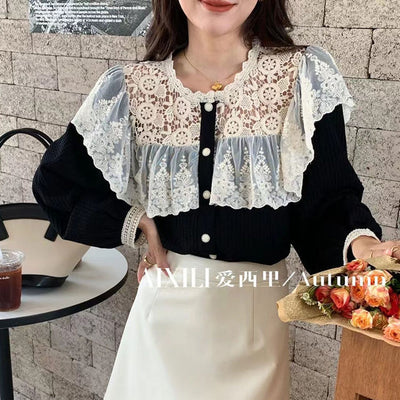 2021 spring Women solid elegant lace blouse ladys lantren sleeve ruffles Korean tops female Mesh Sheer Sexy shirts