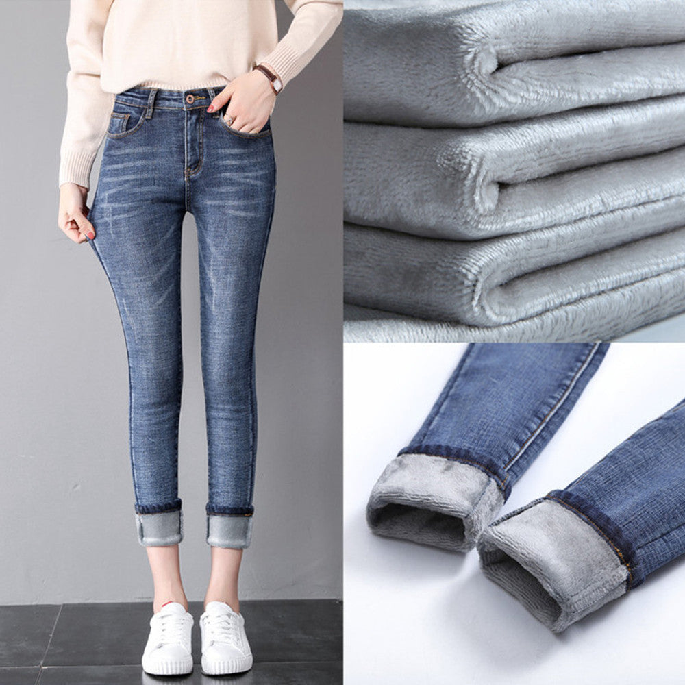 NEW Women Ladies High Waist Fleece Lined Jeans Winter Solid Color Keep Warm Casual Wild Slim Stretch Pants Trousers with Pockets