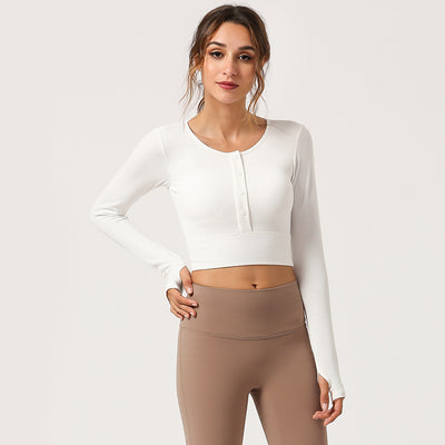 Women's Long Sleeve Crop Tops Gym Sports Tops Yoga Shirts Single Breasted T-shirts With Chest Pads Running Workout Sportswear