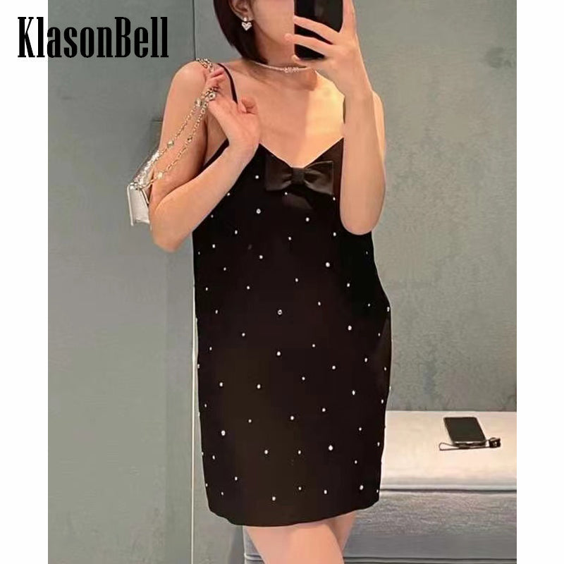 4.14 KlasonBell Temperament Sexy Backless Rhinestone Bow Suspender Black Mini Dress Women