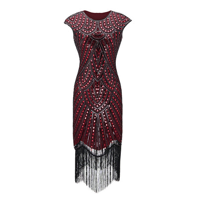 Womens 1920s Vintage Flapper Great Gatsby Party Dress O-Neck Sleeve Sequin Fringe Midi Dresses Accessories Art Deco Embellished