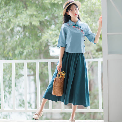Woman Traditional Chinese Clothing Sets Retro Embroidery Half Sleeve Hanfu Spring Women Elegant Oriental 2 Pieces Tang Suit