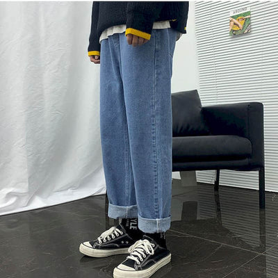 Wide-leg straight jeans men women fall winter loose casual rope trousers male students Korean all-match pants trend streetwear