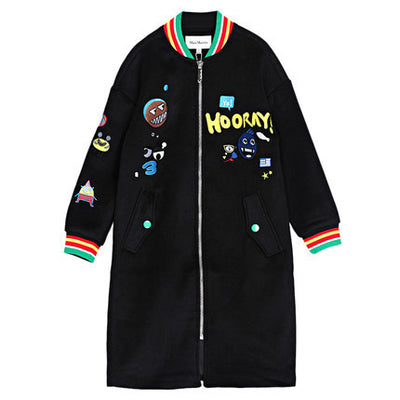 Fashion New Female Spring Autumn Letter Embroidery Woolen Zipper Coat Women Long Stand Collar Wool Jackets Loose Wind coat C 177