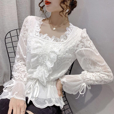 Elegant Fashion Square Collar Thin Blended Shirts Lace Solid Lantern Sleeve Spring Autumn Pullovers Women's Clothing Popularity