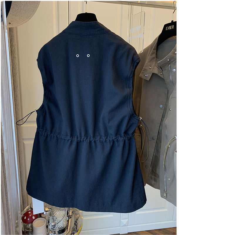 Pockets Cargo Sleeveless Woman Jacket Korean Zipper Stand Neck Coat Autumn New Drawstring Slim Waist Vests