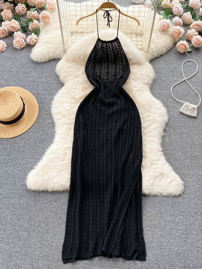 Foamlina Knitted Beach Cover Up Women 2022 Summer Solid Lace-up Halter Neck Sleeveless Backless Hollow Out Maxi Dress Beachwear