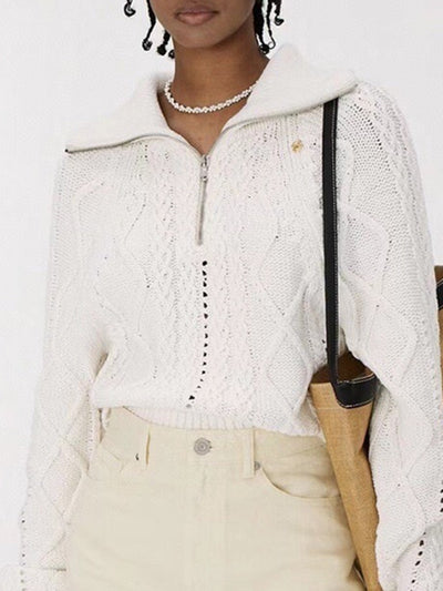 2022 Early Autumn Women Half Zipper Knit Sweater Turn-Down Collar Lady Knitted Pullover Top Hollow Out Loose Jumper
