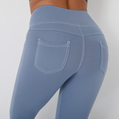Open Line Imitation Denim Pockets Tight Fitness Trousers All-match Yoga Leggings Nine-point Training Quick-dry Sports Pants Wome