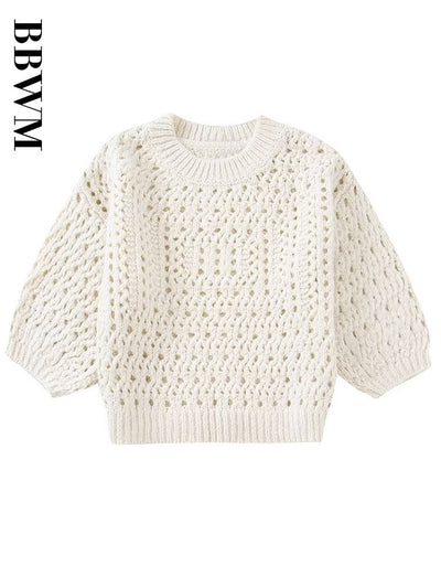 Autumn 2022 Women French White Simplicity Knitted Sweater O Neck Vintage Short Sleeve Casual Korean Fashion Vintage Ladies Tops