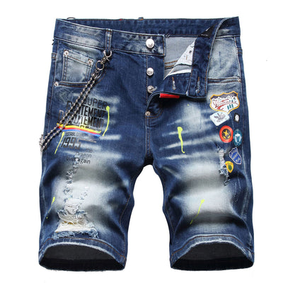 Light Luxury Men’s Slim-fit Ripped Denim Shorts,Chains Decors Trendy Printing Casual Shorts,Stylish Sexy Street Jeans Shorts;