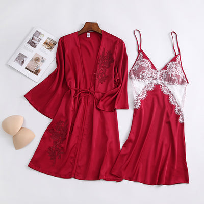 Lace Patchwork 2PCS Nighty&amp;Robe Set Sexy Perspective Kimono Gown Satin Bathrobe Lady Intimate Lingerie Silky Home Clothes
