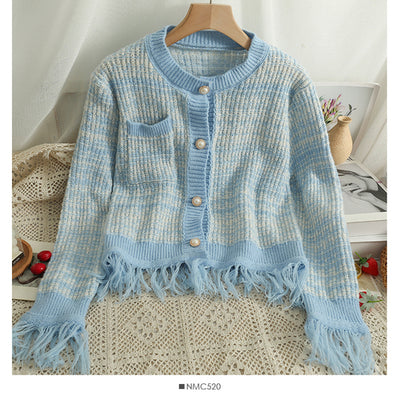 Gaganight Women Plaid Loose Thin Single breasted Cardigan Sweater 2022 Autumn Women&#39;s O neck Tassel Long sleeved Knitted Sweater