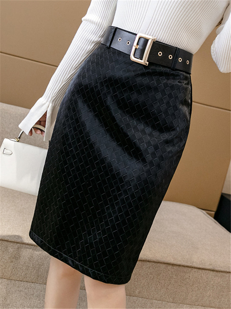 Seoulish Black PU Leather Women&#39;s Wrap Skirts with Belted High Wasit Female Autumn Winter Straight Back Split Pencil Skirts 2022