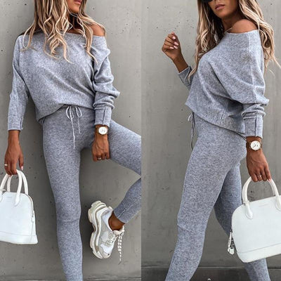 Casual Solid Casual Fit One Shoulder Top Long Sleeve Top &amp; High Waist Drawstring Pants Set