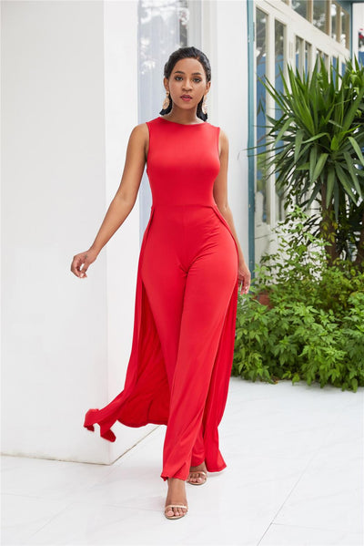 AHVIT Red Sexy Elegant Fashion Wide Leg Women Jumpsuits O Neck Sleeveless Slim Fit Party Romper L-YD5004