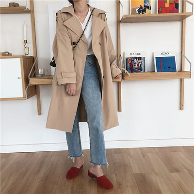 Women Trench Coat Spring Autumn Casual Double Breasted Ladies Long Coat Sashes Chic Cloak Female Windbreaker
