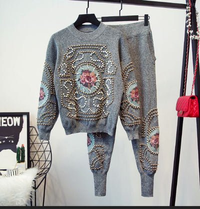 Oshangchaopin Women Handmade Beading Embroidery Flowers Print Casual Long Sleeve Knitted Pullover Sweater+Pants Clothing Sets