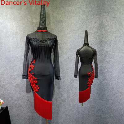 Adult Latin Dance Practice Costume Split Sheer Tassel Dress Backless Cheongsam Rumba Samba Tango Cha Cha Salsa Foxtrot Dance Set