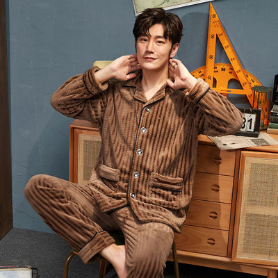 Lapel Nightwear Men Long Sleeve Pajamas Winter Thicken 2PCS PJS Suit Flannel Warm Home Clothes Button-down Sleepwear Lingerie