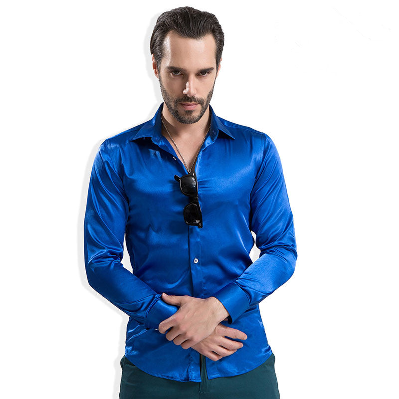 Men&#39;s Party Fashion Trend Tuxedo Shirts Bright Colors Silk Smooth Long Sleeves Solid Color Buttons Shirt for Men